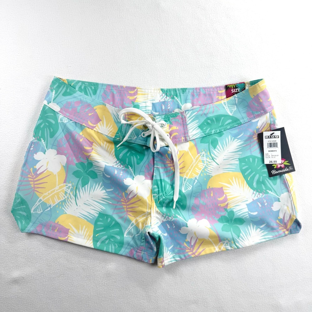 Burnside Womens Tropical Palm Print Board Shorts Blue Swimwear Size Large NWT